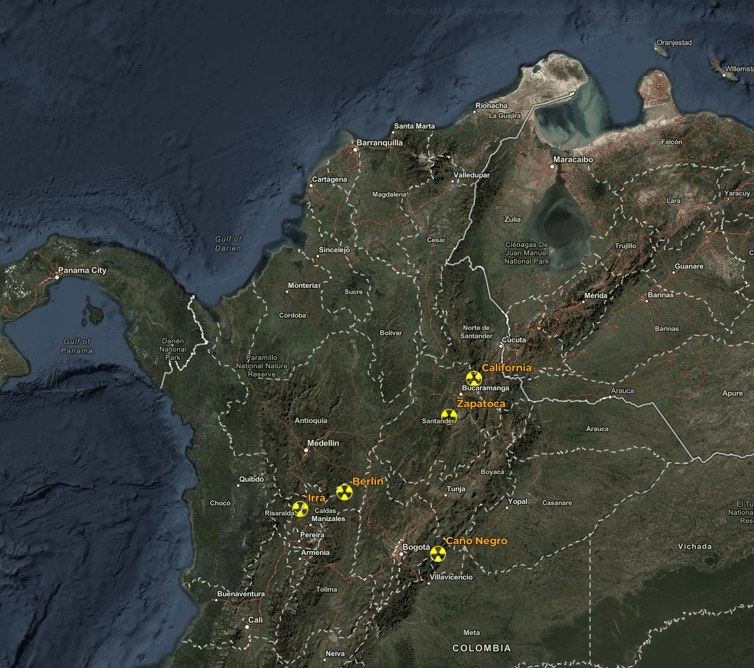 Mapa de yacimientos de uranio identificados en Colombia